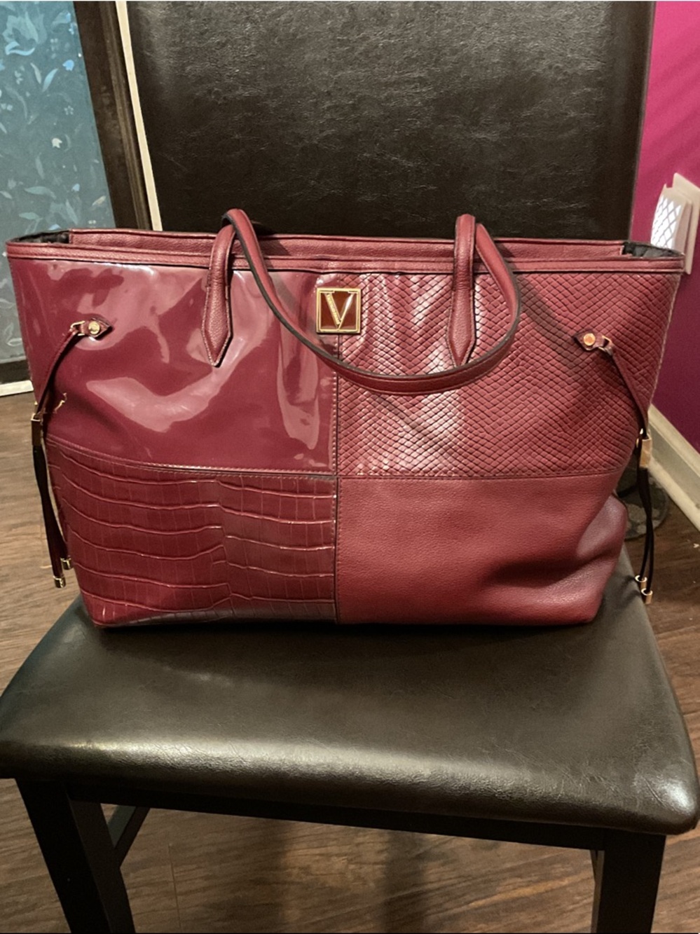 Victoria's Secret Burgundy Patchwork Tote with Gold V Emblem